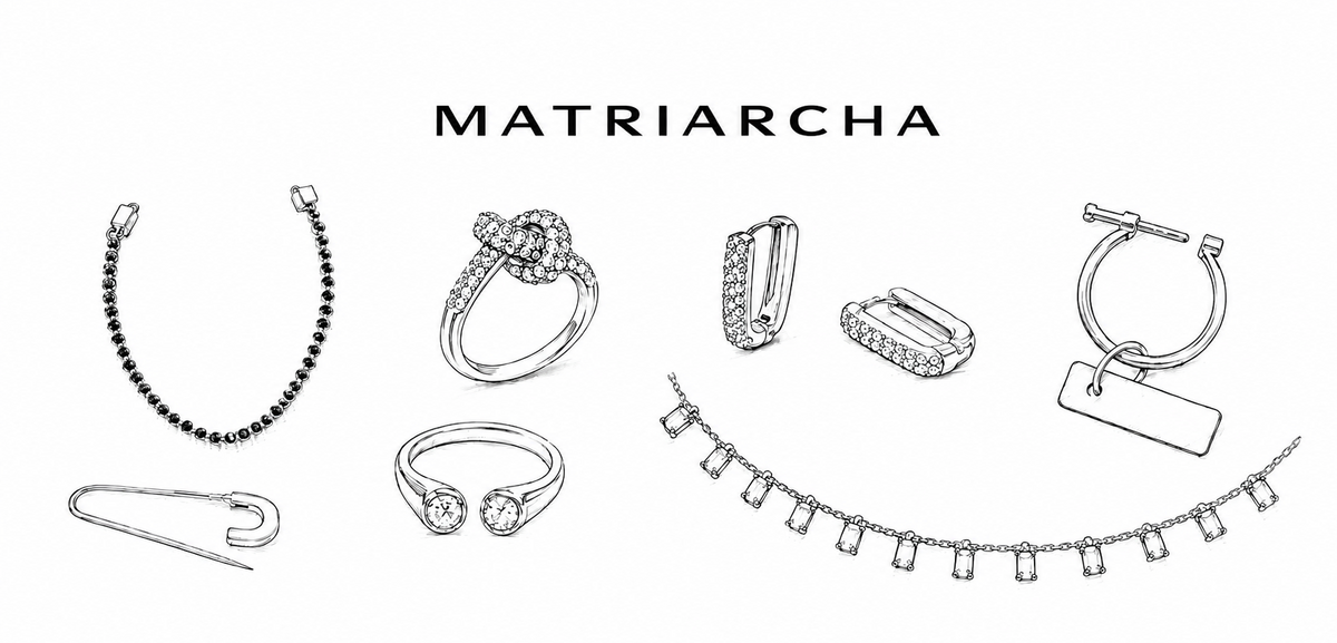 Black and white line art illustrations of various jewelry items, including rings, necklaces, earrings, and a safety pin, arranged below the brand name 'MATRIARCHA' on a plain white background.