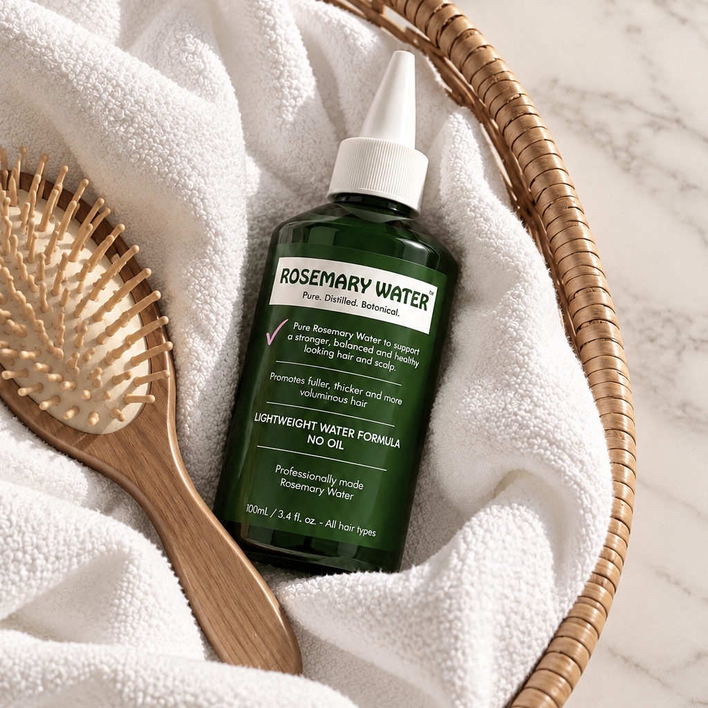 A bottle of Rosemary Water hair oil styled in a wicker basket lined with a white towel, next to a wooden hairbrush on a marble surface.