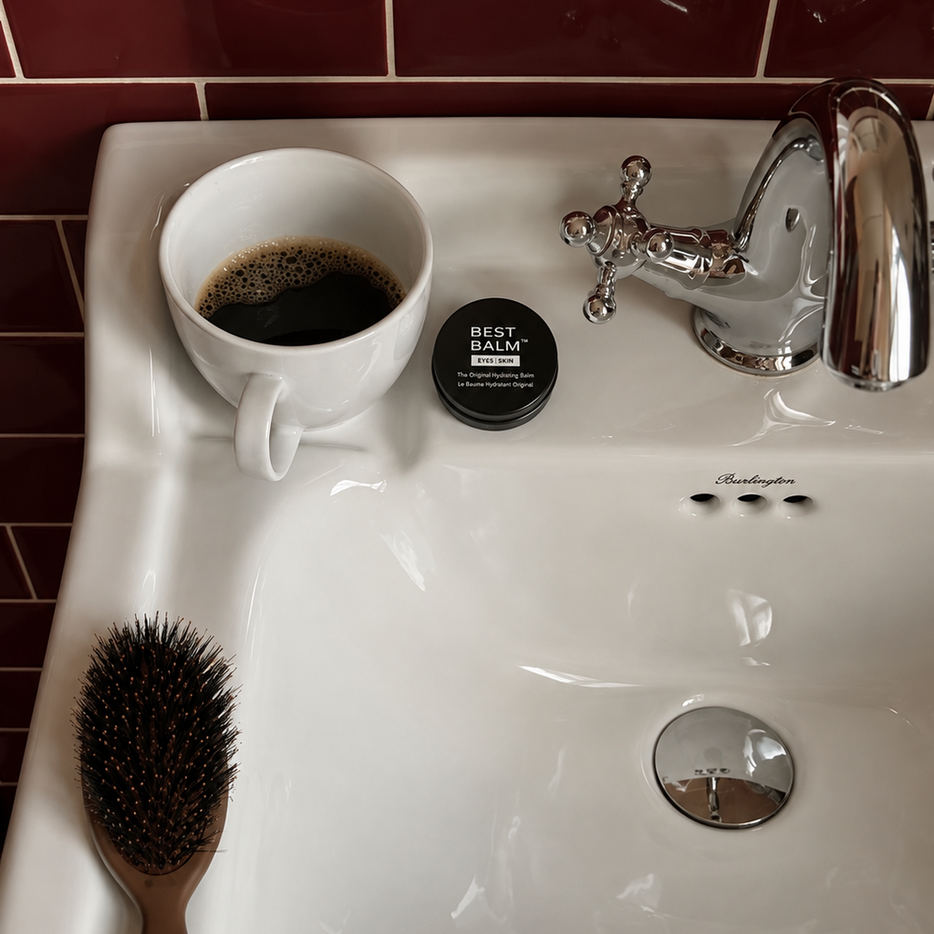A white ceramic bathroom sink with a chrome faucet, a white mug filled with coffee, a small black jar labeled BEST BALM, and a brown-handled hairbrush resting on the sink. Dark red tiled walls are visible in the background.