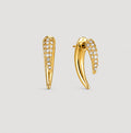 A pair of gold crescent-shaped hoop earrings with pavé-set clear stones along the front, displayed on a light gray background.