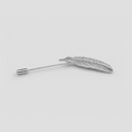 A silver feather-shaped pin with a straight post and a small round end cap, shown on a plain light gray background.