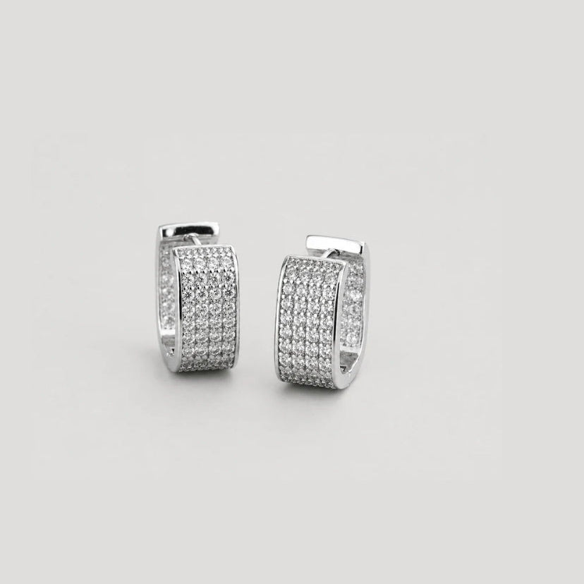 Silver earrings with small diamonds on a white background