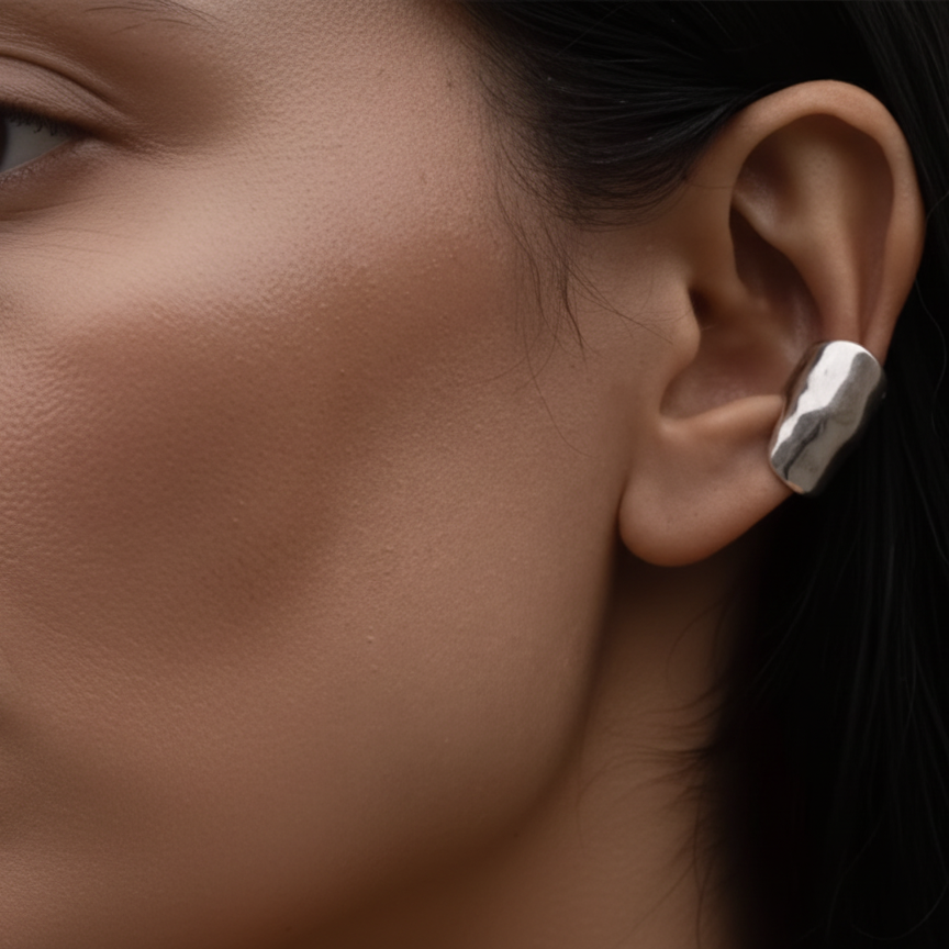 A close-up of a person's ear wearing a chunky, textured silver earring.