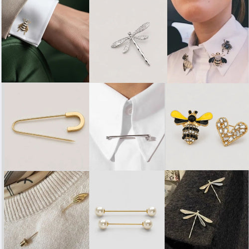 A 3x3 collage showcasing various fashion jewelry pieces and accessories worn by models. The collection includes silver dragonfly and bee brooches, gold safety pin and bar pin with pearls, a yellow and black bee brooch, a gold heart-shaped crystal brooch, and silver dragonfly pins on a dark gray sweater.