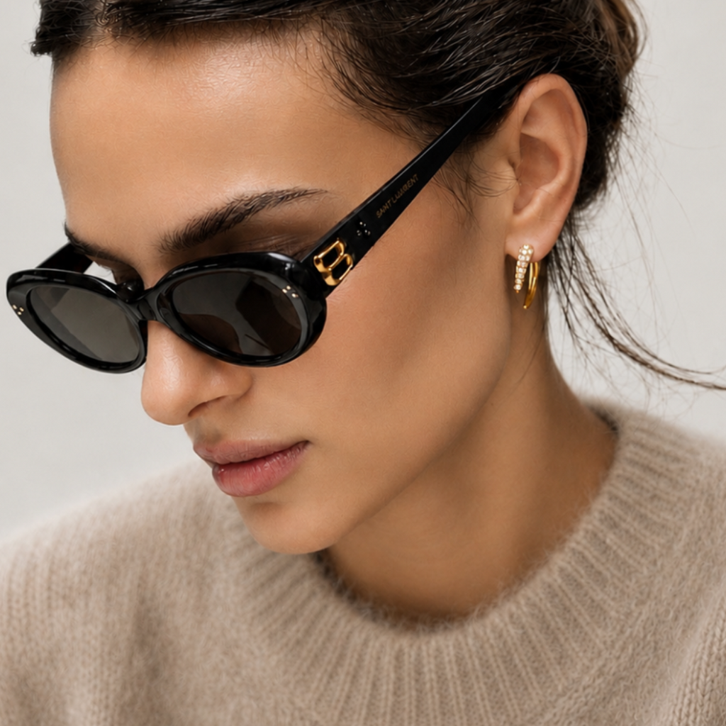 A close-up of a woman wearing black cat-eye sunglasses with gold-tone logo details on the temples, paired with a beige knit sweater against a neutral light gray background.