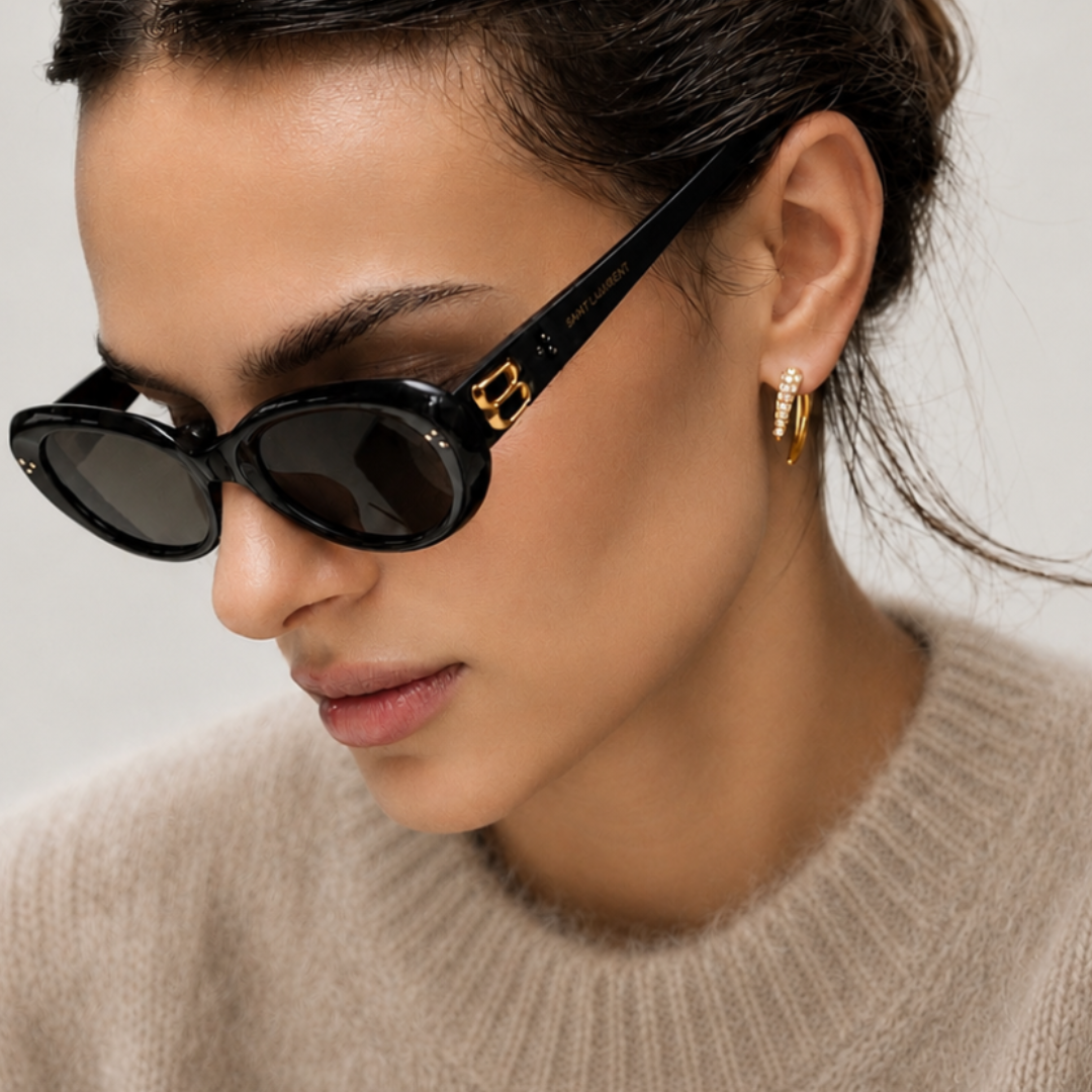 A close-up of a woman wearing black cat-eye sunglasses with gold-tone logo details on the temples, paired with a beige knit sweater against a neutral light gray background.